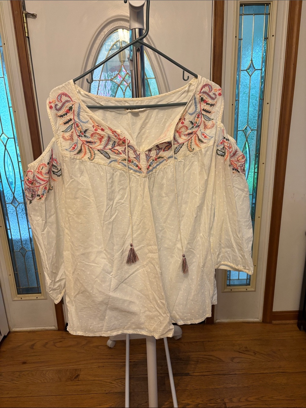 Ruff Hewn White Cold-Shoulder Peasant Top with Multicolor Embroidery
